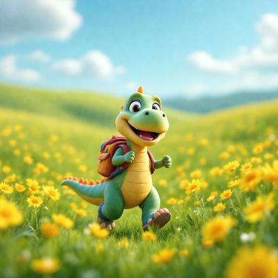 Primary subject: A cartoon green dinosaur with a backpack on, walking through a field of yellow flowers.

Setting/background: The dinosaur is walking through a field of yellow flowers, with a hill in the background.

Visual style: The image is a digital art or illustration of a cartoon dinosaur.

Colors and mood: The dominant colors are yellow and green, with a cheerful and lively atmosphere.
